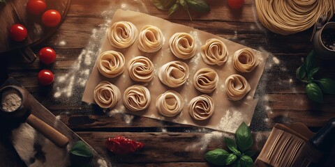 Culinary artistry displayed in a refined editorial flat lay of fresh pasta with ingredients on a wooden table