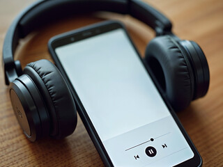 Headphones and smartphone on a wooden table, with a blank music player app for placeholder ui, copy space
