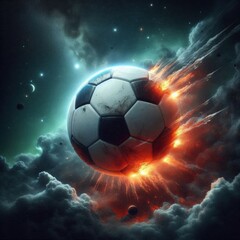 Naklejka premium a photo realistic soccer ball as a planet in space with smoke and explosions, digital art