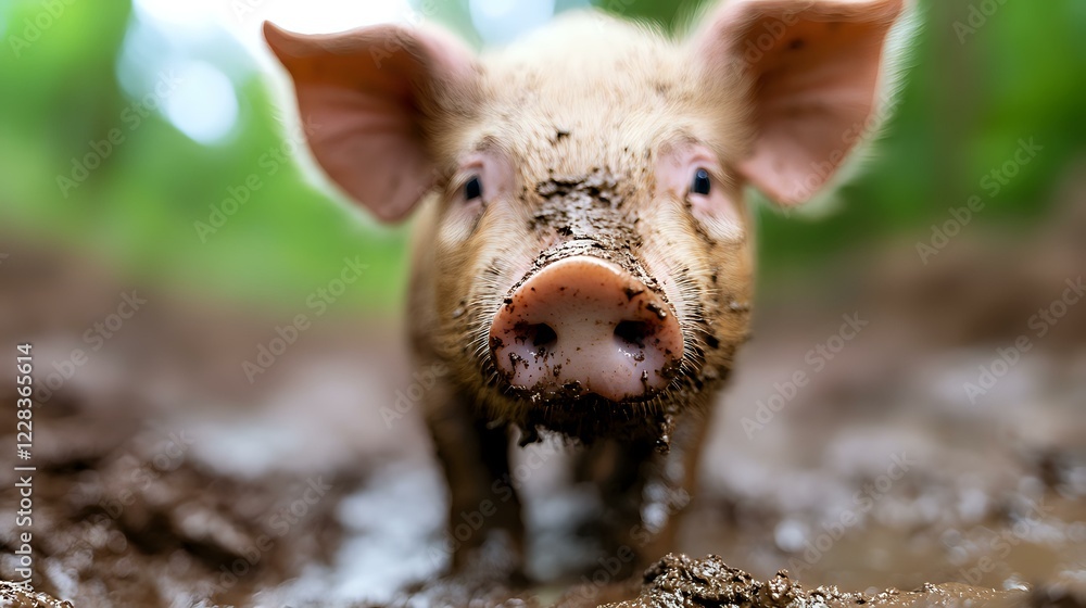 Poster muddy piglet with dirty snout and big ears looking directly at camera in natural environment. close 