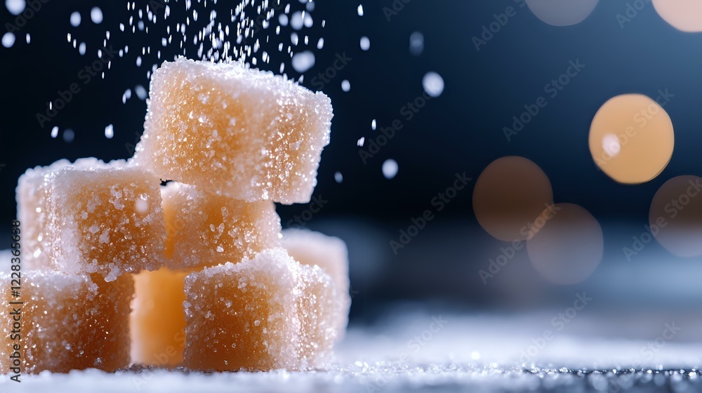 Poster powdered sugar falling on stacked caramel fudge candy pieces against dark background with soft bokeh