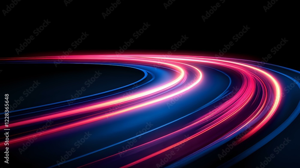Poster glowing red and blue light trails curve across dark background creating dynamic motion effect, suita