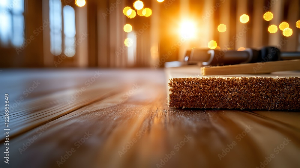 Aufkleber Rustic wooden surface with warm bokeh lights in background creating cozy atmosphere. Close-up view of textured wood grain with soft focus and golden hour glow.