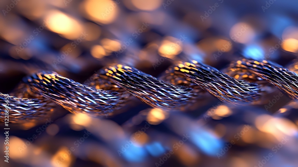 Poster macro shot of metallic rope or cable with twisted strands creating wave pattern, illuminated by warm