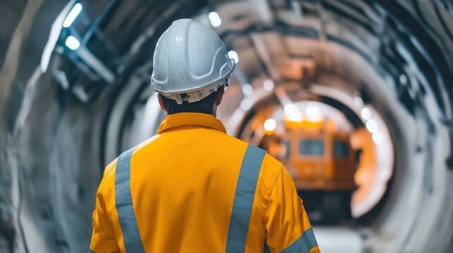 A detailed portrait of a tunnel construction engineer monitoring tunnel boring machine progress underground, Tunnel excavation scene, Strategic and underground style
