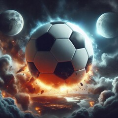 Naklejka premium a photo realistic soccer ball as a planet in space with smoke and explosions, digital art
