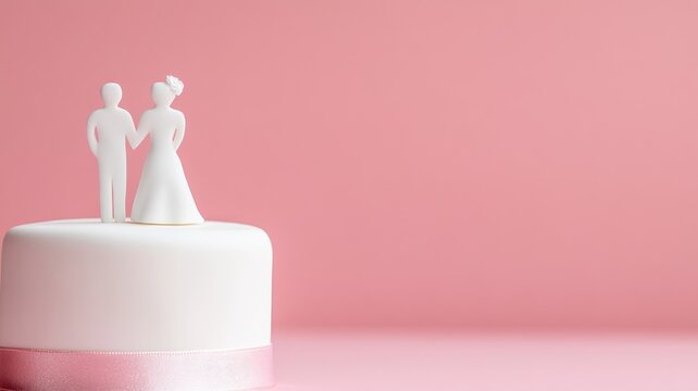 White wedding cake with bride and groom figurines on pink background - Powered by Adobe