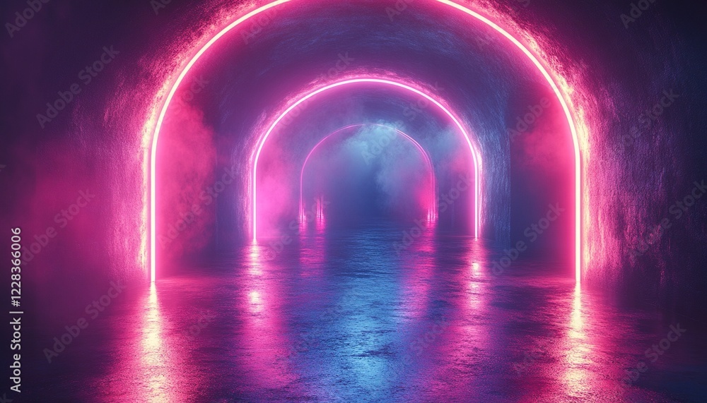 Aufkleber neon archway glows in hazy tunnel with a reflective floor for futuristic use