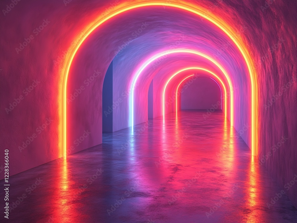 Aufkleber neon arches in a tunnel with a reflective floor for web design or print backgrounds