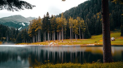 Fototapeta premium Serene lake surrounded by tall pine trees and mountains, reflecting calm waters in a tranquil setting