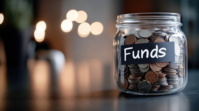 Jar labeled "Funds" filled with coins, representing saving money or financial planning