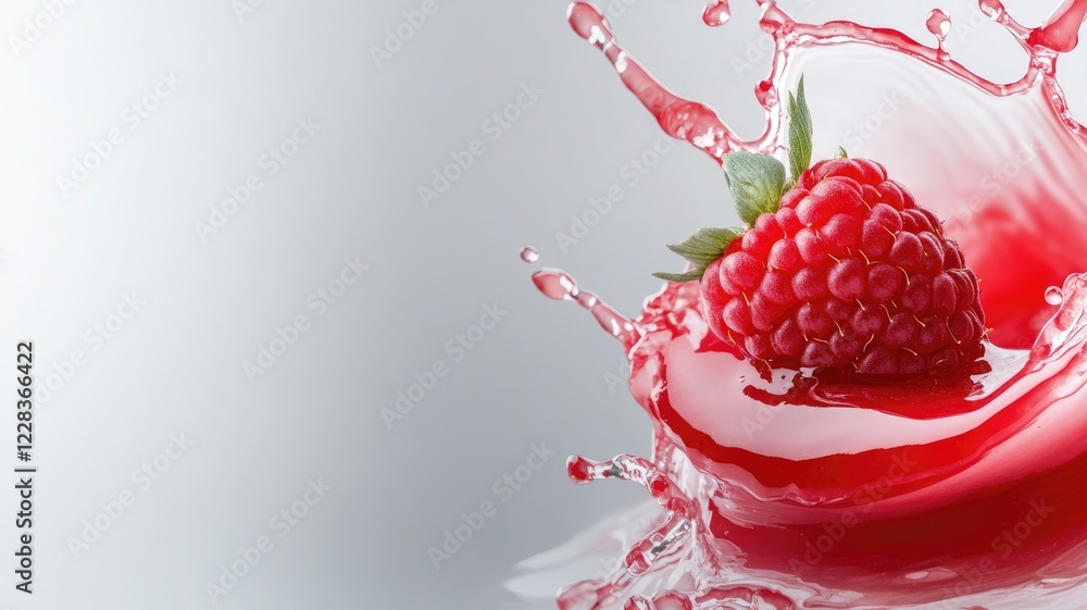 Poster fresh raspberry splashing into red liquid with vibrant motion