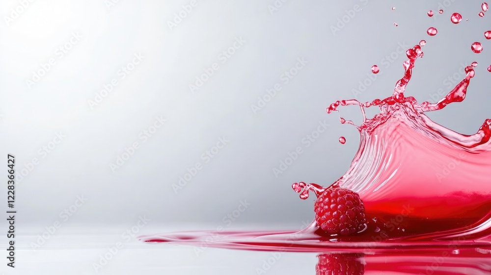 Aufkleber raspberry splashing in red liquid on reflective surface