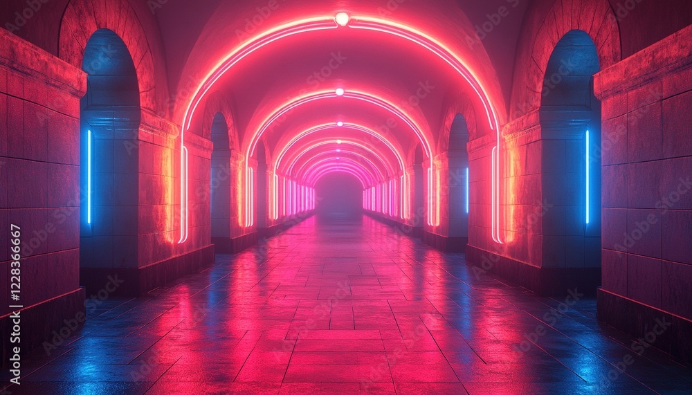 Poster neon lights in arched tunnel with distant view and potential for background use