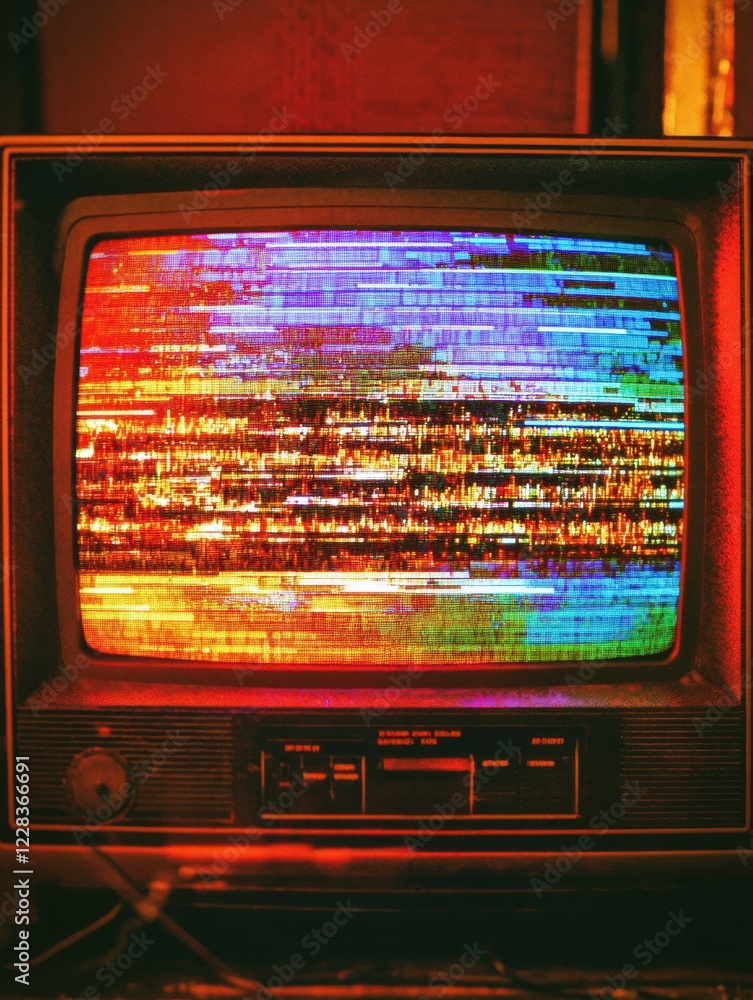 Poster retro television displaying static noise with vibrant glitch patterns in a dimly lit setting. genera