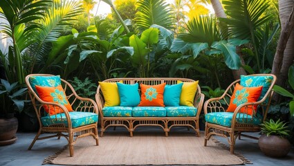 Obraz premium Seating area with armchairs and rattan sofa