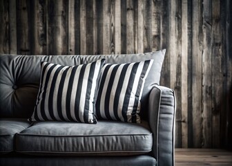 Surreal Black & White Striped Pillow on Gray Couch, Wooden Wall Background