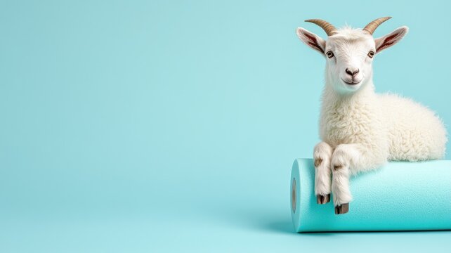 White goat sitting on blue foam roll against light background
