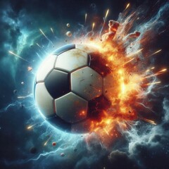 Naklejka premium a photo realistic soccer ball as a planet in space with smoke and explosions, digital art