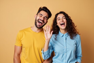 Naklejka premium A Joyful Couple Smiling and Waving Cheerfully Against a Bright Yellow Background, Celebrating Friendship and Happiness