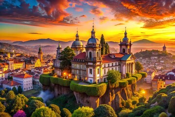 Fototapeta na wymiar Surreal Braga Cityscape: Floating Buildings & Dreamlike Sky