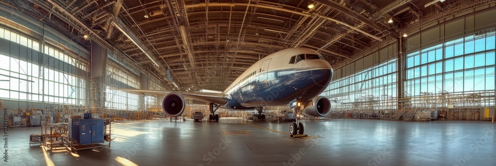 Poster large aircraft inside a well lit hangar during the early afternoon with a focus on engineering and m