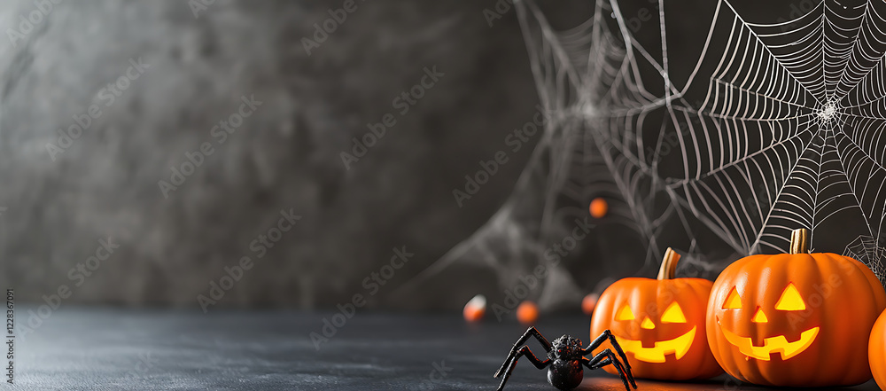 Wall mural capture a spider s web s intricate details set against a dark backdrop ideal as a background for hal