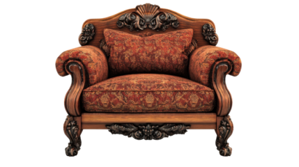 Elegant wooden armchair with ornate carvings and red fabric on transparent background. Transparent background