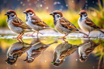 Fototapeta premium Surreal Close-Up of Sparrows in a Puddle - Wet Ground, Nature Photography