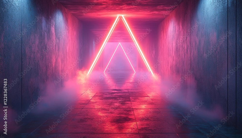 Poster neon triangle in a concrete hall with smoke. possible background for a tech presentation