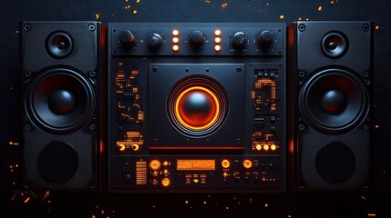Futuristic Audio System:  High-Tech Stereo Speakers and Amplifier with Orange Glow