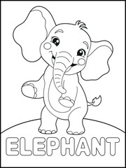 E is for elephant. Coloring pages for kids. Children's coloring books with cute elephant cartoon character, fun and educational materials for kindergarten. spelling activity sheet for early learners.
