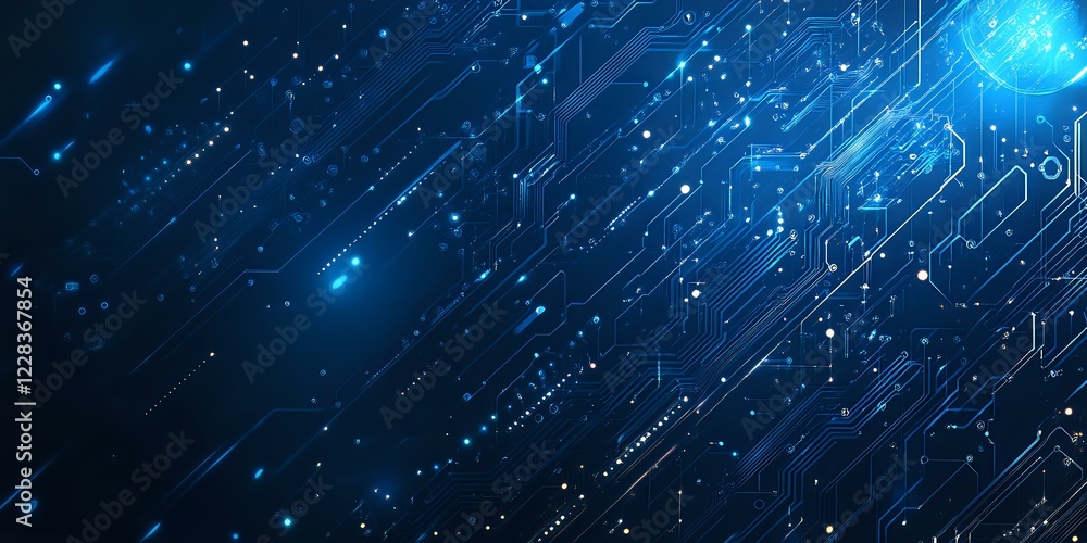 Poster digital technology circuit board pattern with glowing lines and particles on dark blue background, r