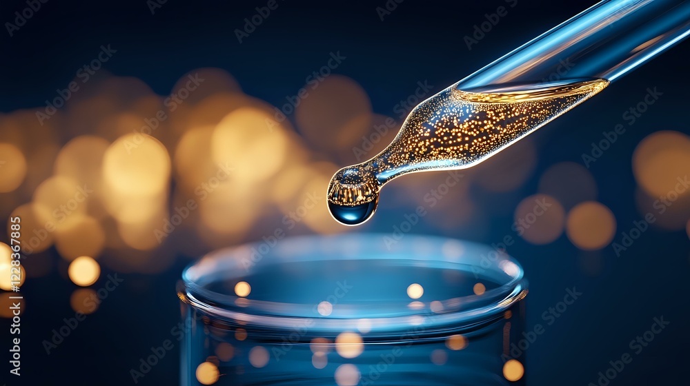 Poster magical glowing water drop falling from glass pipette with golden sparkles inside on dark background
