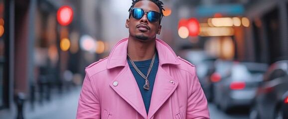 Man in pink coat city street walk.  Urban fashion photography