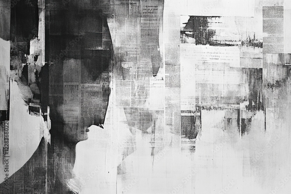 Aufkleber vintage newspaper clippings overlap to create an abstract silhouette in a monochrome aesthetic from 