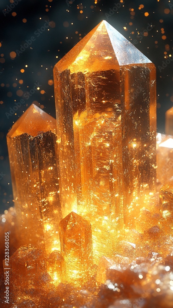 Poster orange crystals formation on dark background with bokeh effect for use as art or background