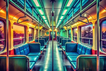Surreal Empty Electric Train Interior: Passengers Seats, Handrails, Overhead, Public Transport
