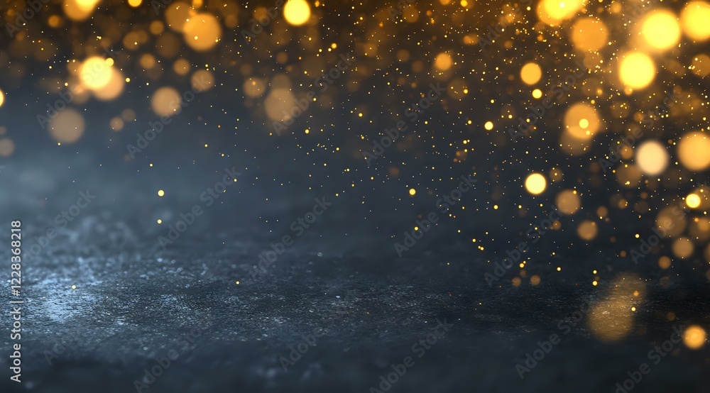 Poster golden bokeh lights and sparkles floating over dark textured surface with copy space, creating magic
