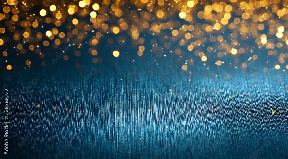 Poster magical golden bokeh lights falling on deep blue textured background with glowing particles and spar