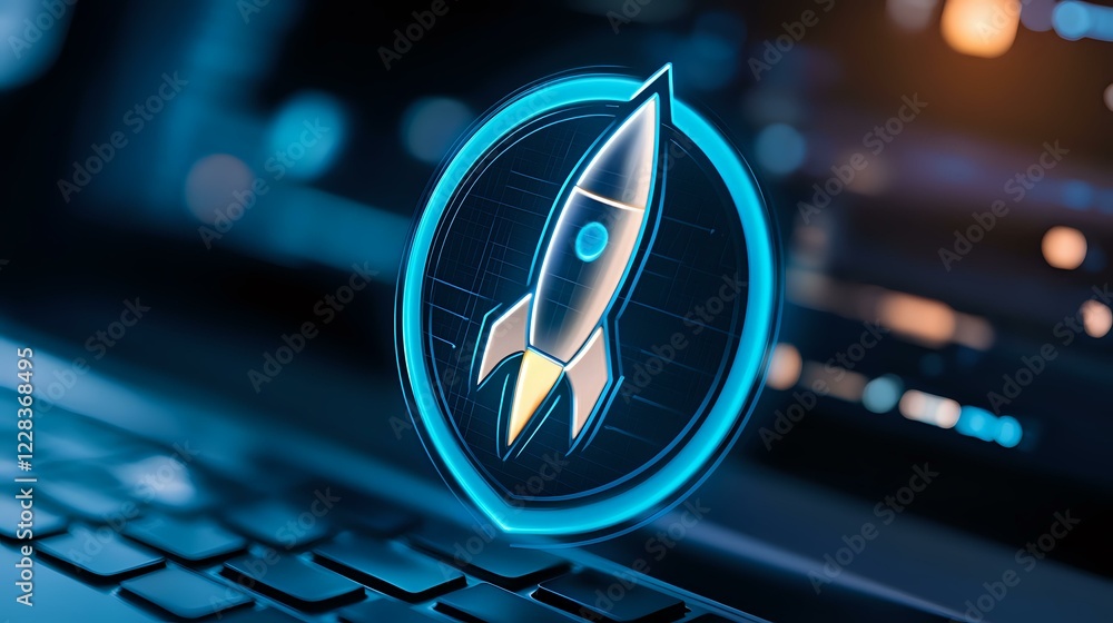 Poster glowing neon rocket icon floating over laptop keyboard in blue light with bokeh background, symboliz