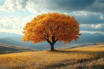 Orange tree on grassy hill with mountains and cloudy sky; landscape stock photo use