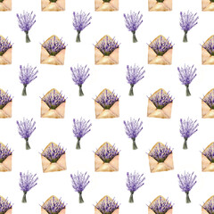 Seamless pattern flowers lavender and an envelope for letters   on white background. Watercolor botanical illustration. For card, wallpaper, packaging, invitation, scrapbooking, decoupage, embroidery