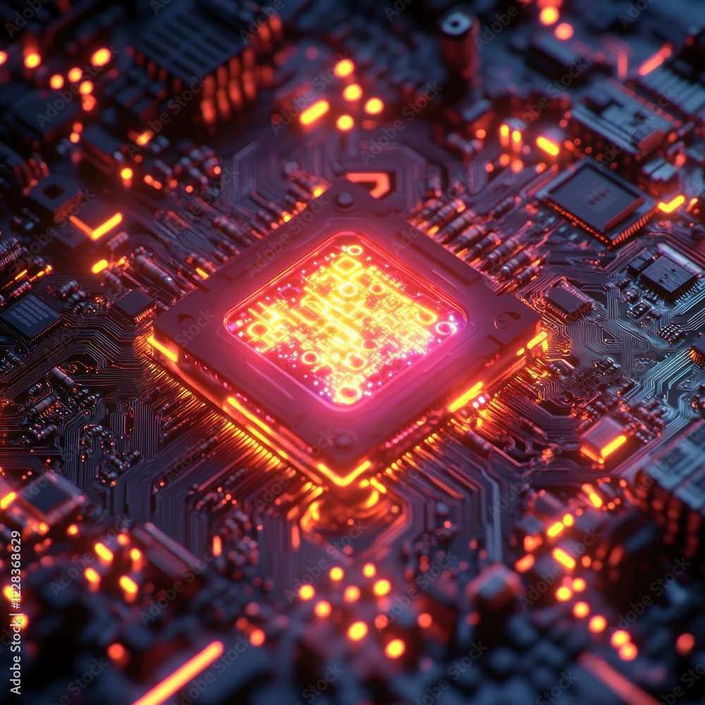 Poster glowing circuit board: a close-up of a computer chip's intricate design