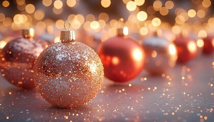 Ornaments in line on reflective surface, bokeh lights, holiday use