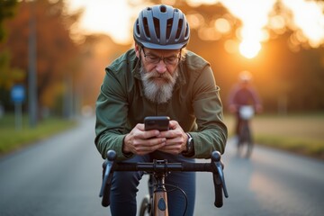An Elderly Man with a Gray Beard Riding a Bicycle While Using a Smartphone on a Scenic Road During Sunset in the Autumn Season