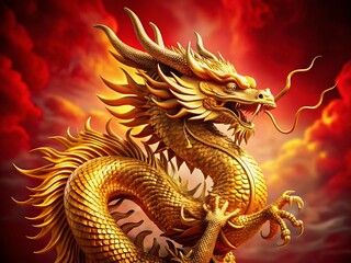 Surreal Gold Dragon on Red Background - Mystical Fantasy Art Stock Photo