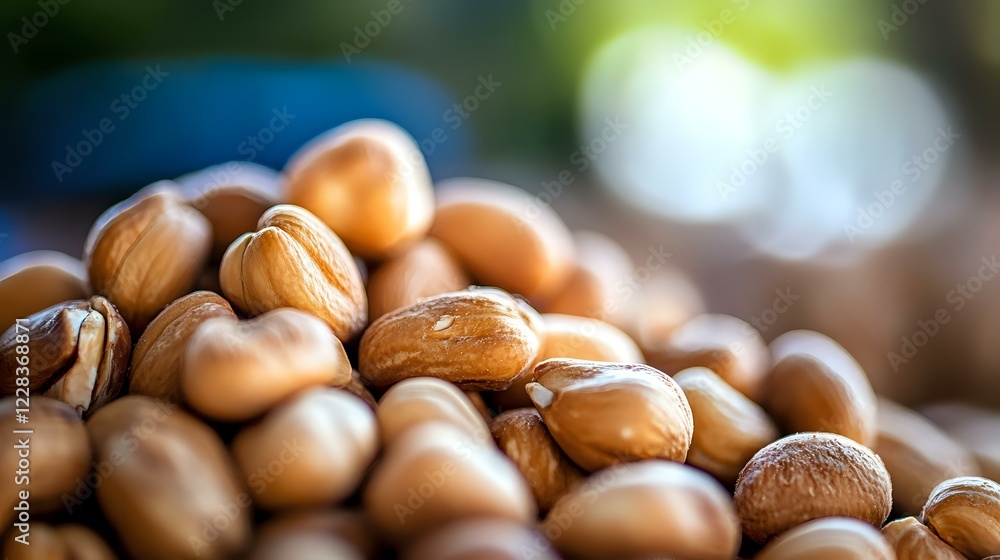 Poster fresh roasted pistachios in shells close up macro view with selective focus and natural bokeh backgr