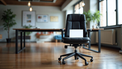 Empty chair in an office room with a blank sign for job vacany announcement, with copy space for text
