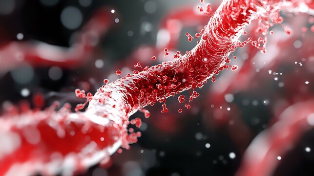 Red blood cells flowing through arteries with plasma particles and microscopic elements in dramatic lighting, medical science visualization for healthcare.